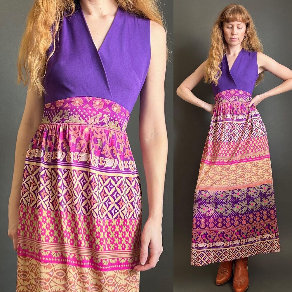 Vintage 1960s Boho Patterned Sleeveless Maxi Dress, Small Medium